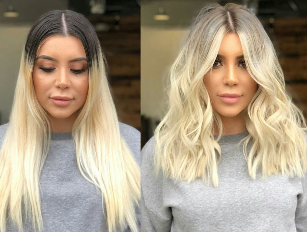 Фото из интернета: слева девушка с отросшим тотал блондом, справа набрана и затонирована сложная техника осветления.