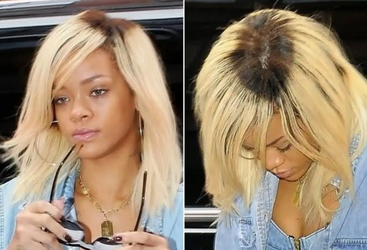 Пример четко отросшей полосы тотал блонда на Рианне.