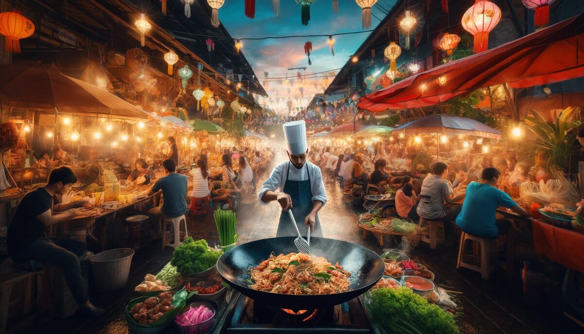 Яркая уличная кухня Таиланда (сгенерировано DALL-E