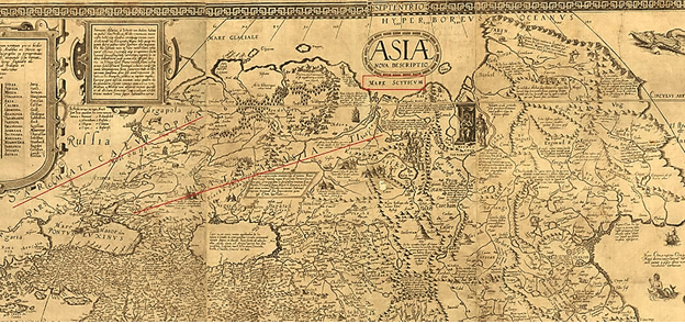 Фрагмент карты Азии Даниэля Келлера 1590 г. Красным подчёркнуто "Скифское море". Северные скифы часто назывались и сарматами. 