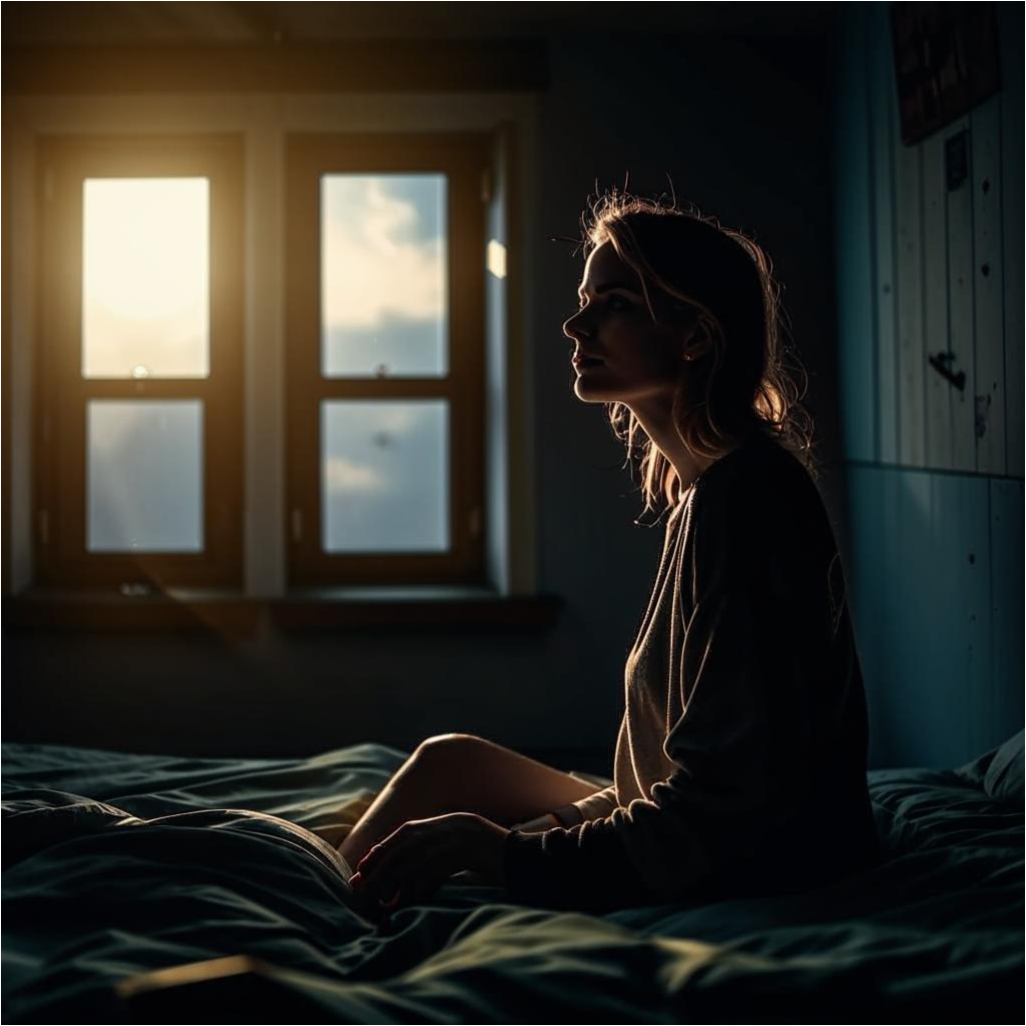Женщина  сидит на краю кровати в тёмной комнате, окружённая светом