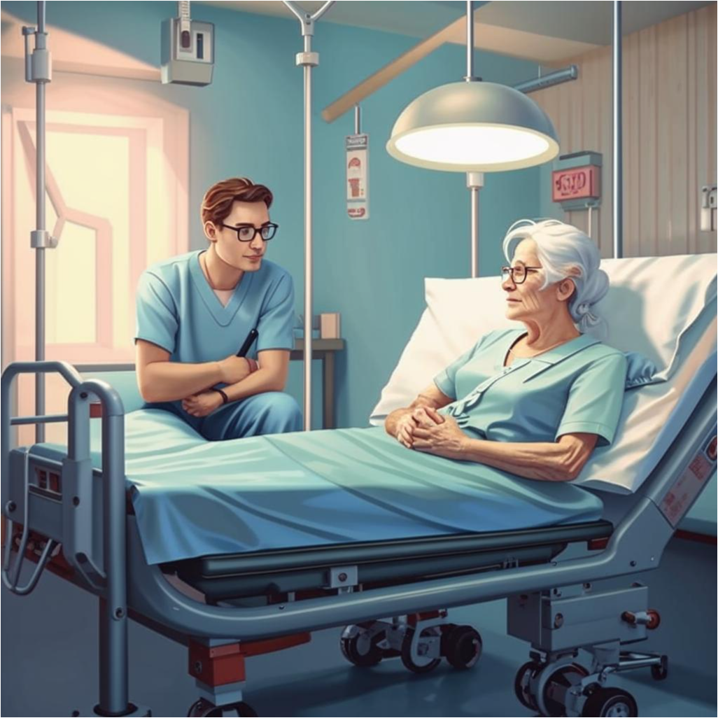 Мать лежит на кровати, в больничной палате, рядом с кроватью на стуле сидит ее сын.