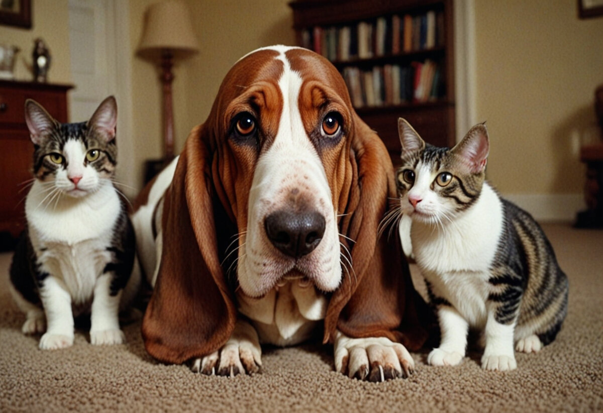 Бассет Хаунд и коты - разные по характеру, но вместе создают гармонию