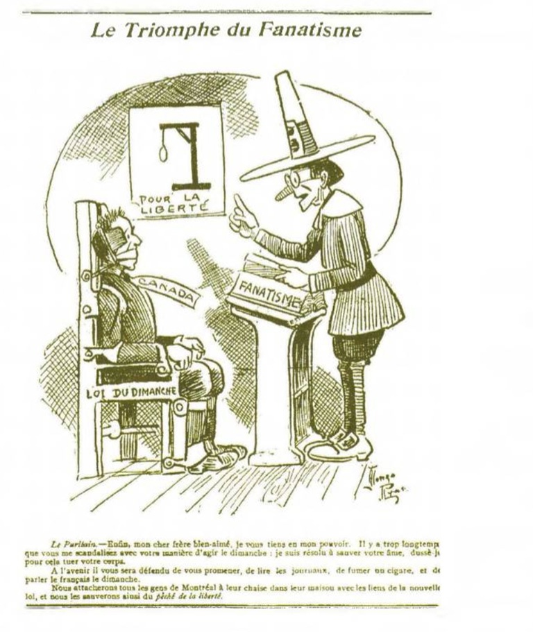 Карикатура из квебекской газеты. “Пуританин” обещает, кроме всего прочего, запретить по воскресеньям говорить по-французски.