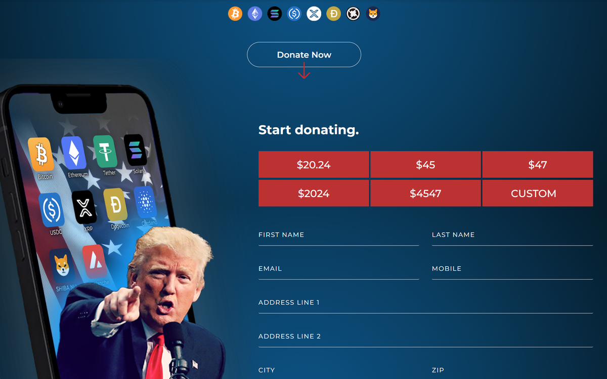 страница сбора пожертвований на предвыборную кампанию Трампа