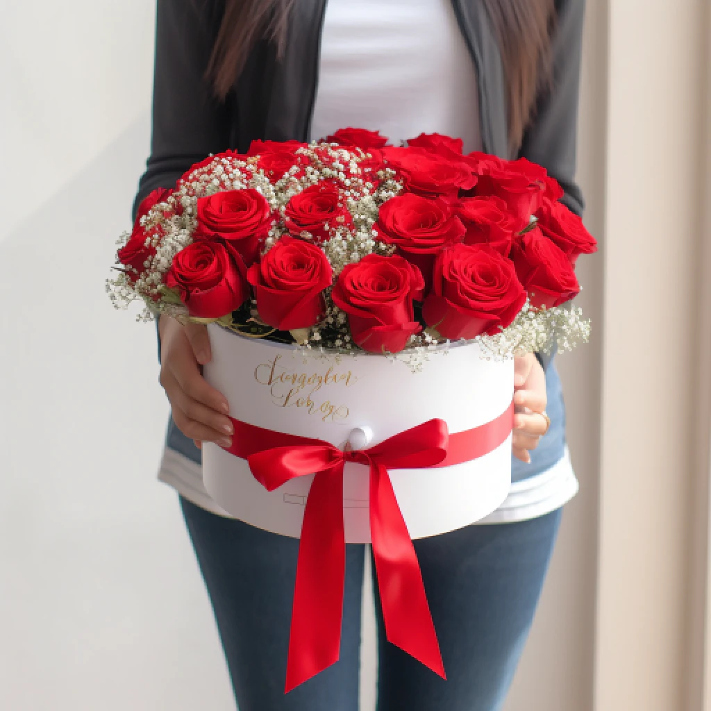 Фото: красные розы и гипсофила в коробке от AzaliaNow