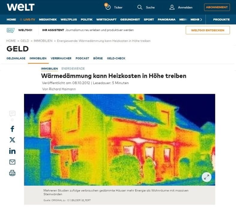 Номер немецкой газеты Welt. Под фото - подпись "Согласно исследованиям, изолированные дома потребляют больше энергии, чем жилые помещения с прочными каменными стенами"