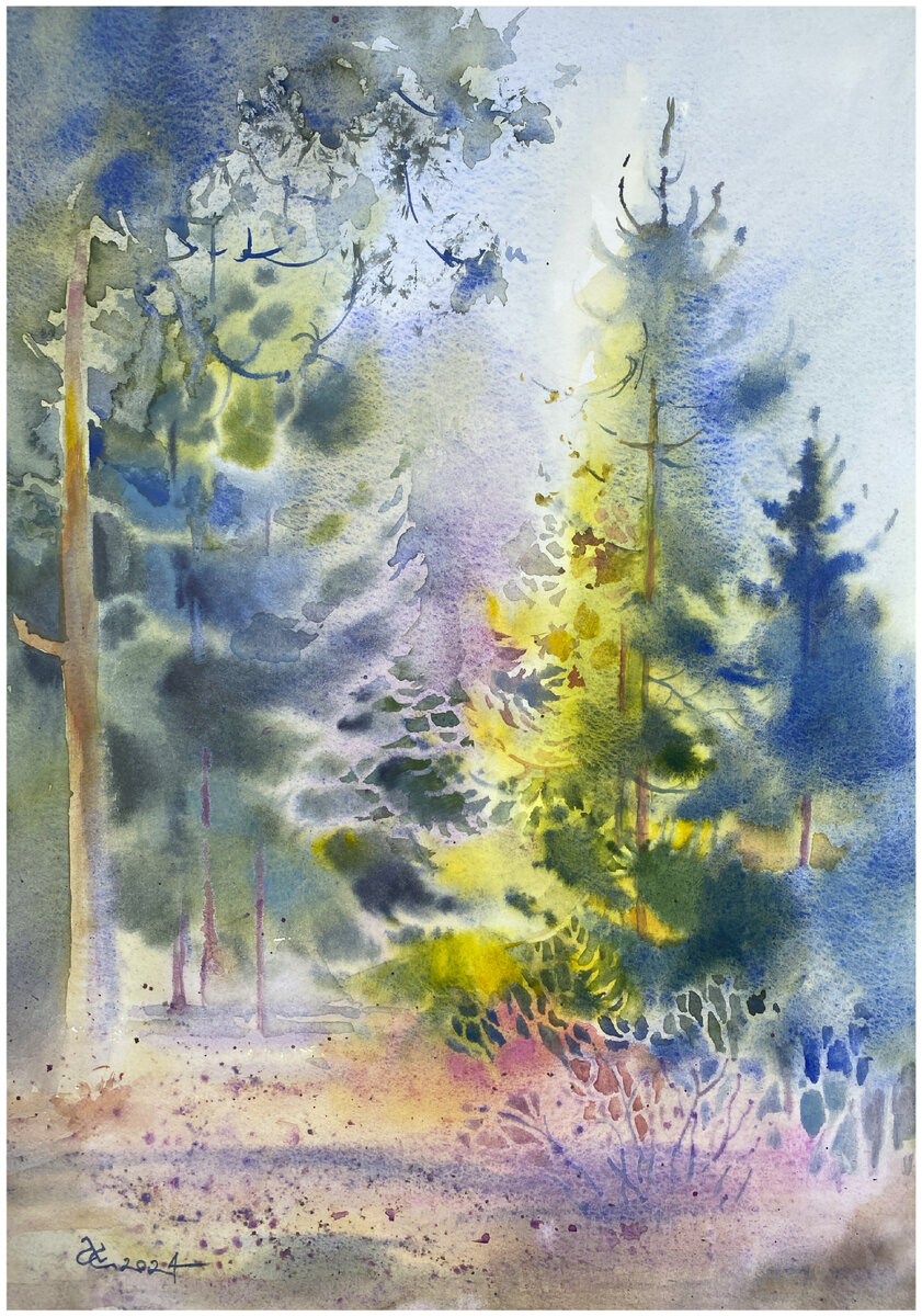 Вечнозелёные. А3. Бумага Малевичъ 100% хлопок. Пленэр.