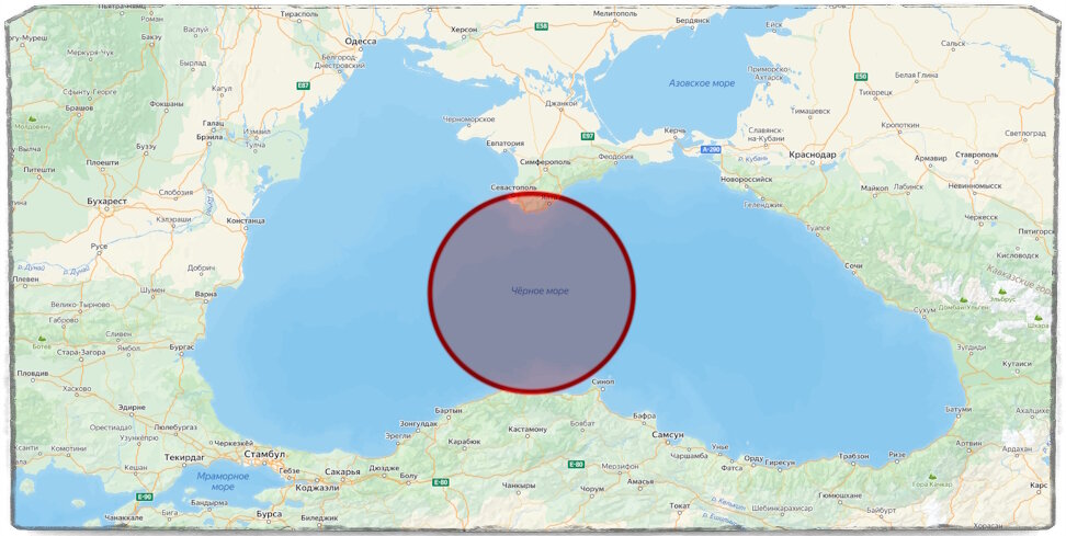 Источник: Яндекс.карты. Примерная зона обнаружения Су-30СМ из центра Чёрного моря без учёта курса.