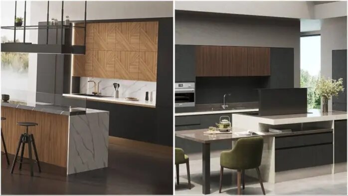 Слева — кухня «Версо», фасады которой выполнены из натурального шпона (450 000 за 3 п/м). Справа — «Сангалло» из экошпона (315 000 за 3 п/м).