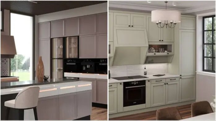 Слева — кухня «Милано new», фасады которой выполнены из массива (420 000 за 3 п/м). Справа — кухня «Верди», фасад покрыт качественной матовой эмалью (291 000 за 3 п/м).