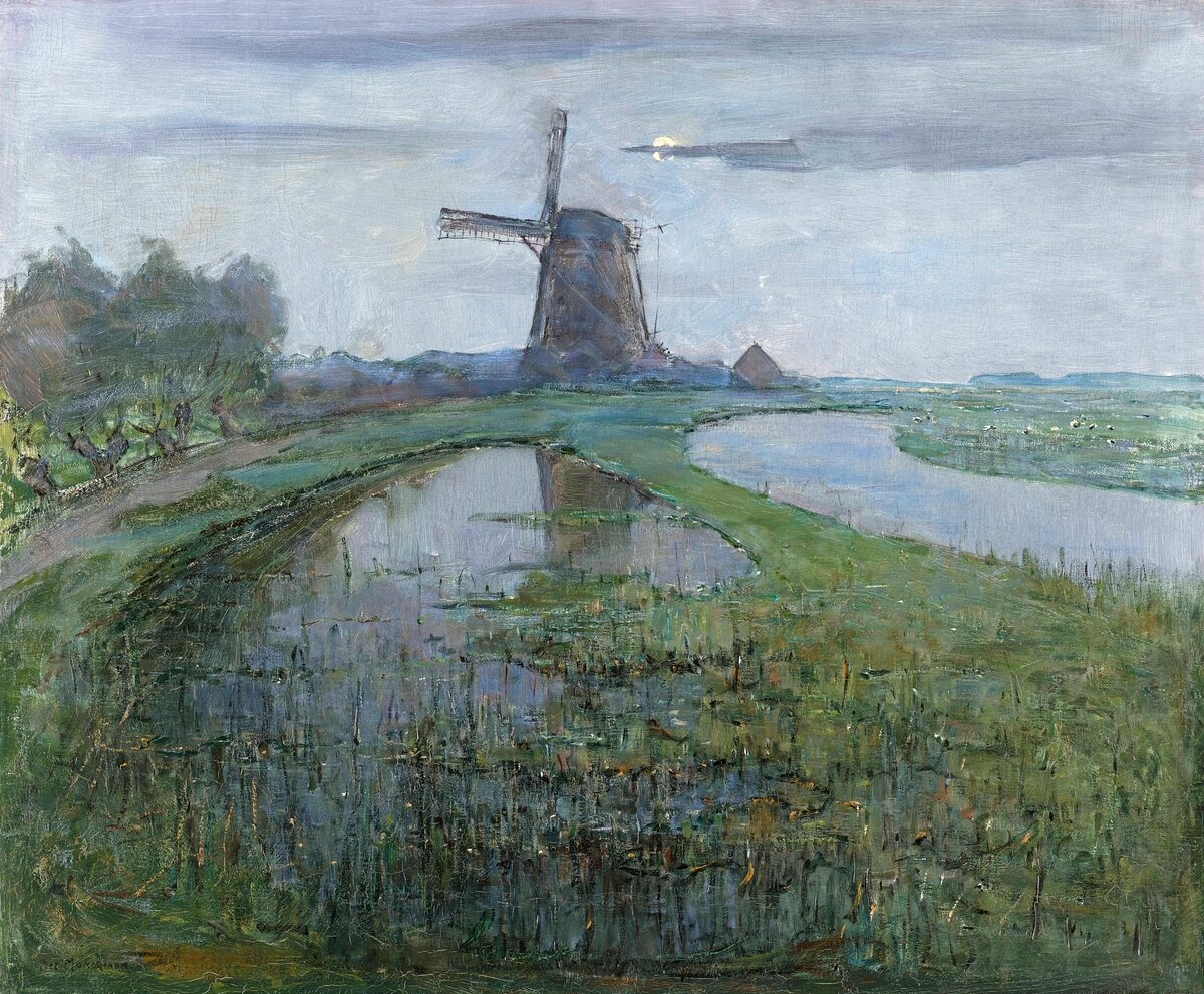 Oostzijdse Mill along the River Gein by Moonlight (1903) painting in high resolution by Piet Mondrian. Original from The Rijksmuseum. Digitally enhanced by rawpixel.