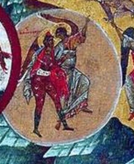 Ангел указывает на видение пророку Даниилу. 6в. Сольвычегодск. Деталь иконы Страшного Суда.