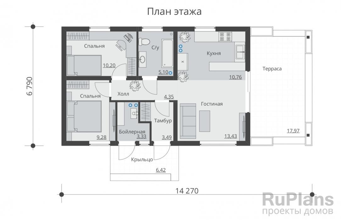 Тамбур - 3,49 м2 Бойлерная - 3,33 м2 С/у - 5,10 м2 Холл - 4,35 м2 Спальня - 10,20 м2 Спальня - 9,28 м2 Гостиная - 13,43 м2 Кухня - 10,76 м2 