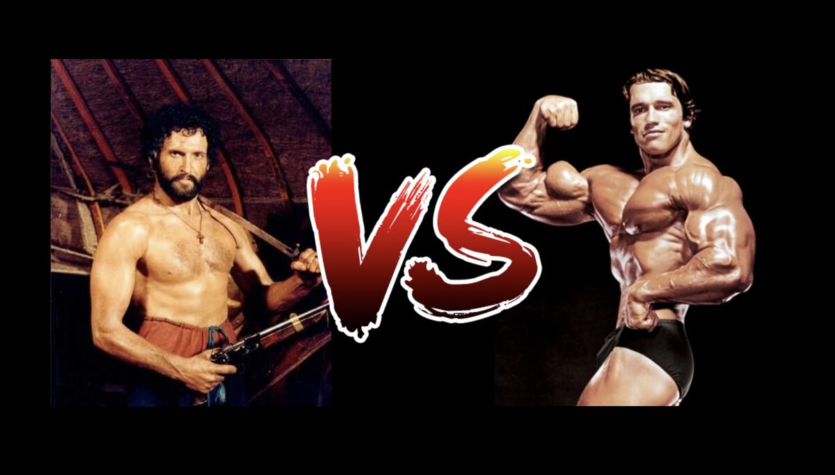 Слева российский актёр Никита Джигурда, справа американский актёр Арнольд Шварценеггер