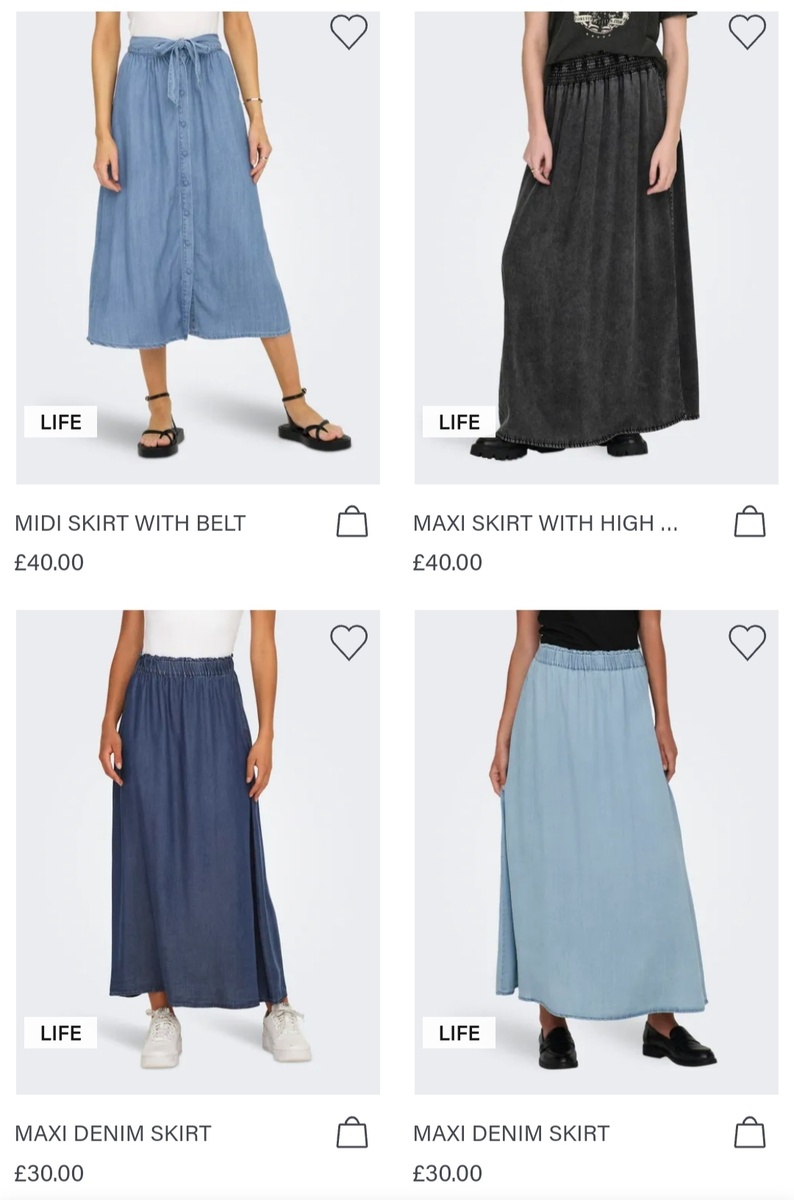 Стоимость юбок Only из лиоцелла на официальном сайте бренда.