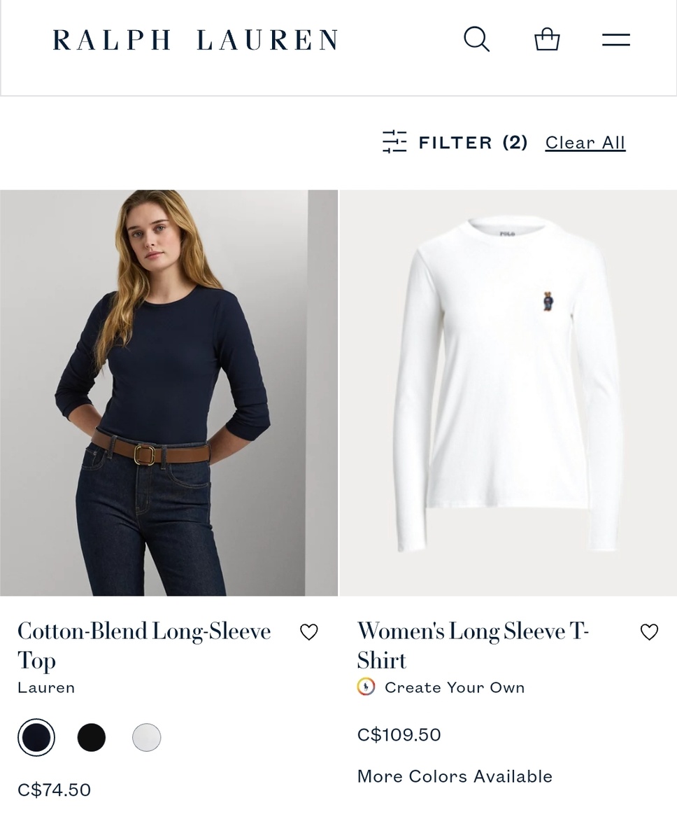 Стоимость лонгсливов Ralph Lauren на официальном сайте бренда.