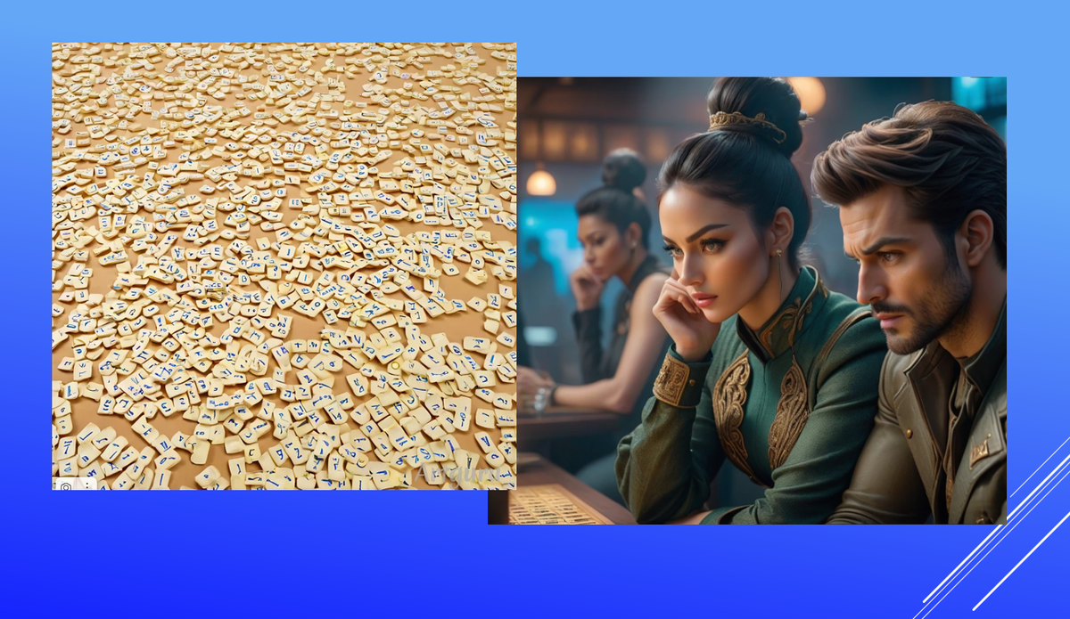 Работа двух нейросетей по запросу "игра в слова, вначале было слово". Изображение без людей от Аrtguru, с людьми - от Аrtgeneration