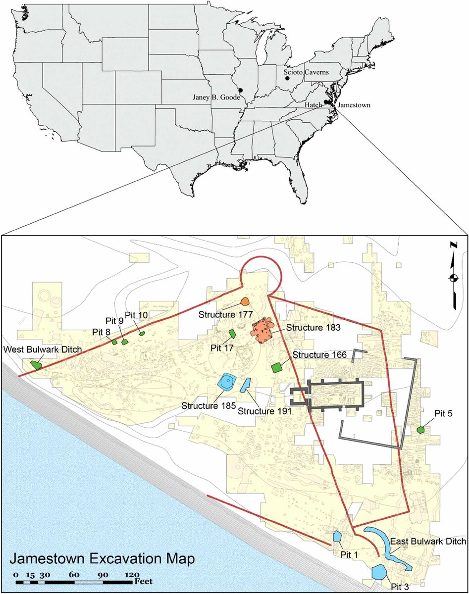    Джеймстаун на карте Северной Америки и план археологических раскопок города / © Ariane E. Thomas et al., American Antiquity