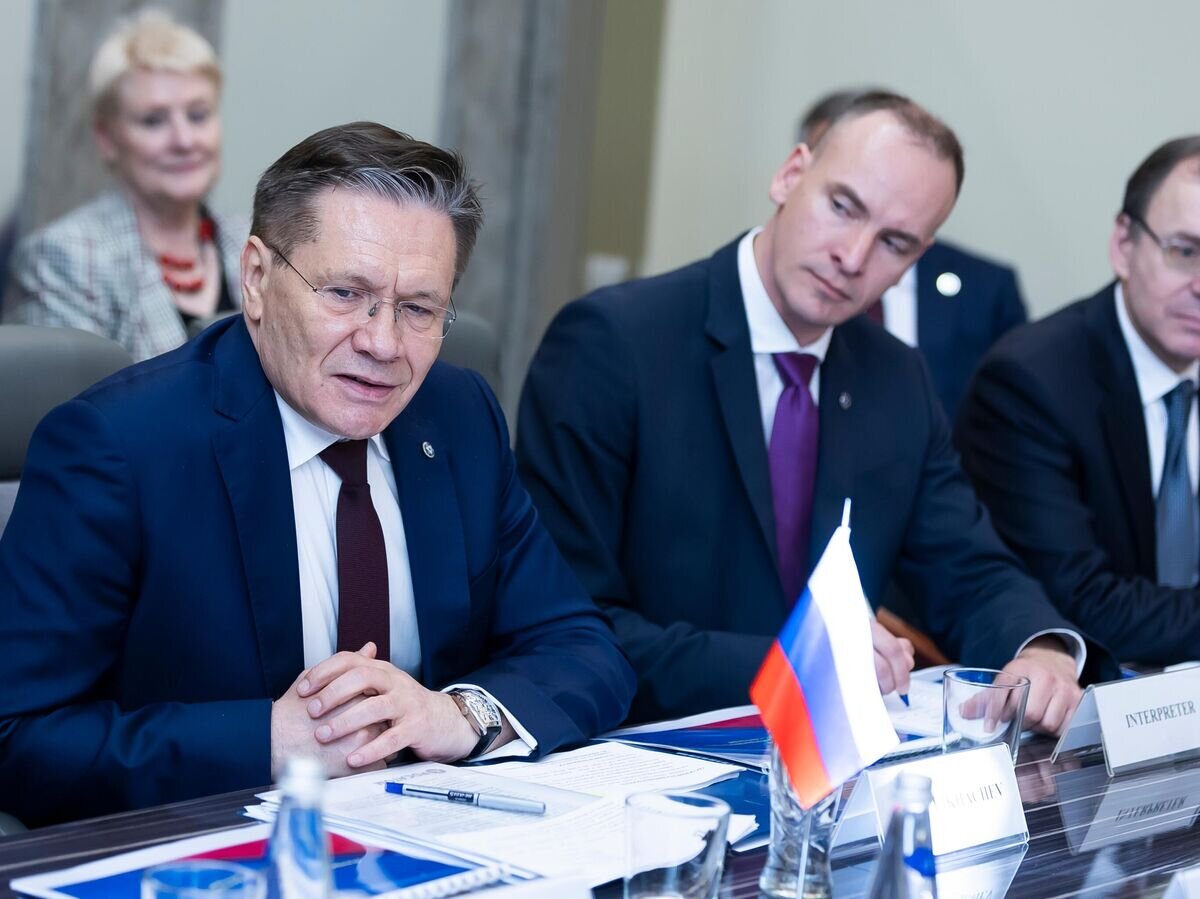    Генеральный директор госкорпорации "Росатом" Алексей Лихачев (слева) участвует в переговорах с генеральным директором МАГАТЭ Рафаэлем Гросси в Калининграде© РИА Новости / Госкорпорация "Росатом"