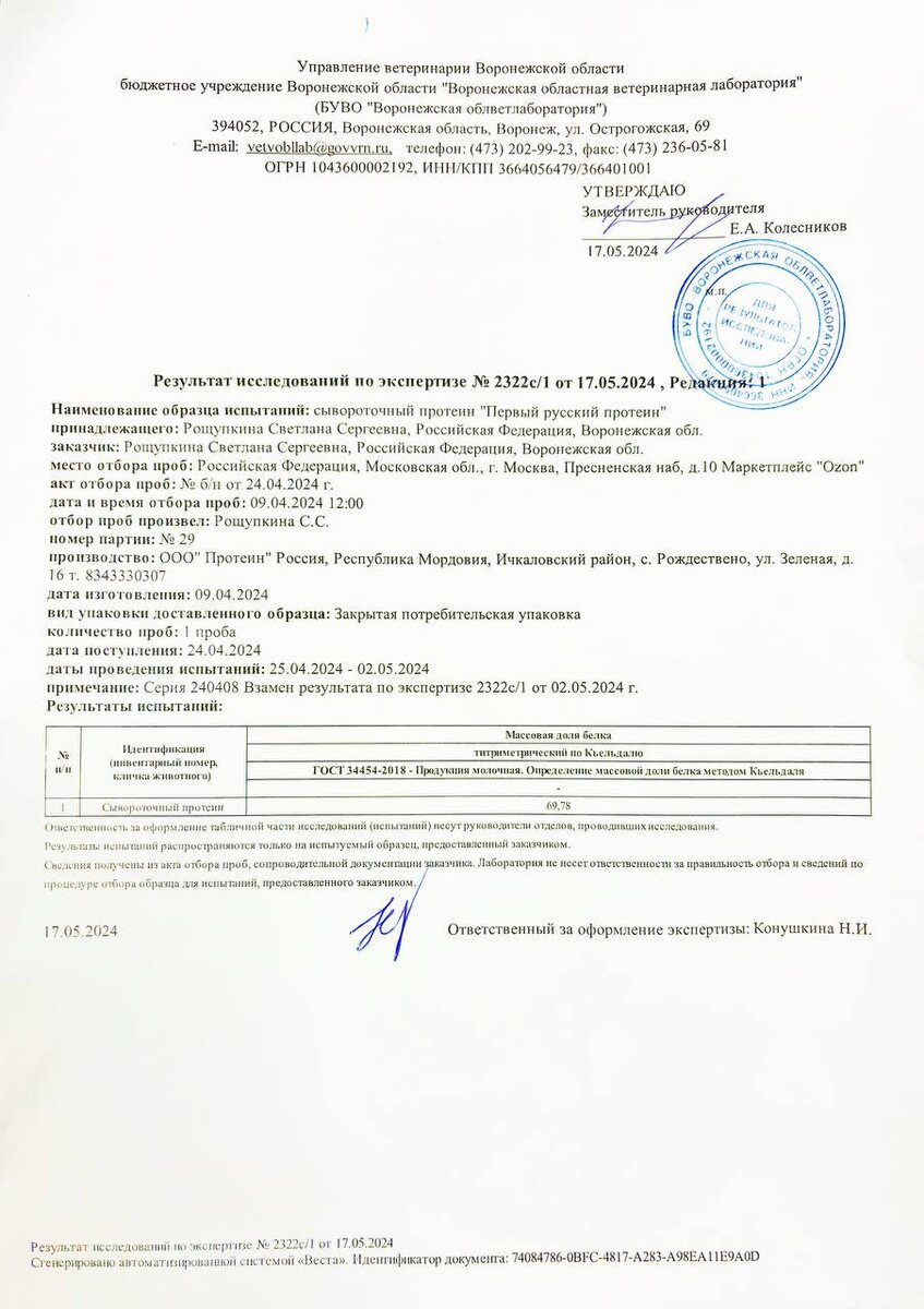 Анализ протеин Первый Русский Протеин