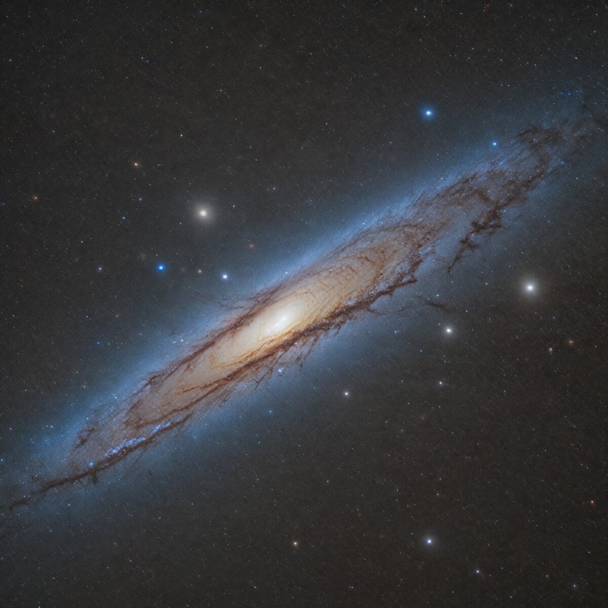 Близлежащая галактика Андромеды с более старыми звездами, выделенными синим цветом. Новая теория квантовой гравитации может помочь объяснить, почему более удаленные галактики, похоже, удаляются быстрее, чем близкие.