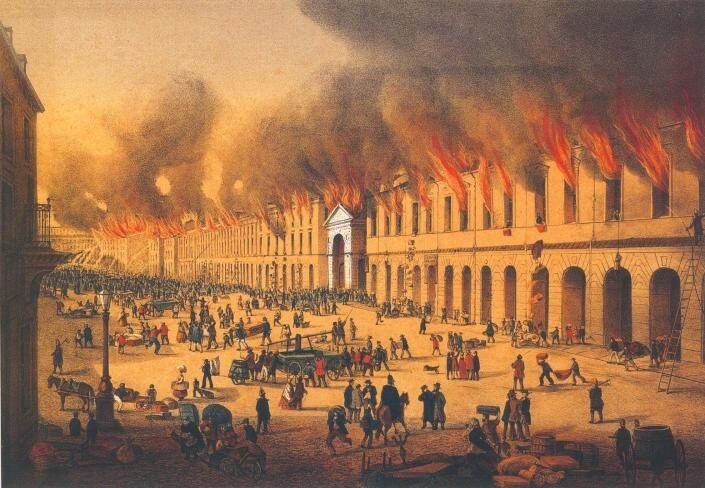 Пожар в Апраксином дворе 28 мая 1862 года, вид с Садовой улицы. Литография