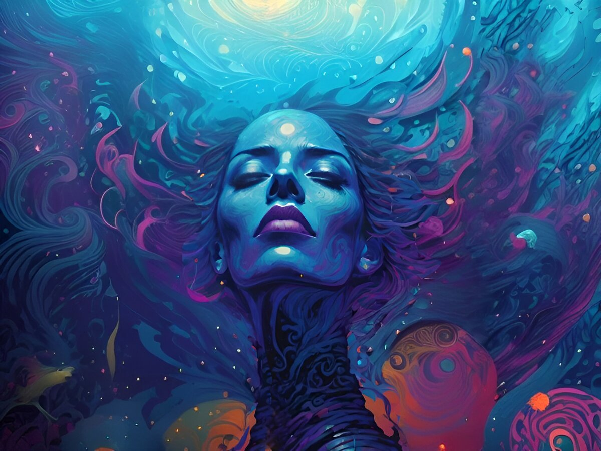 Тёмные воды страдания. Иллюстрация создана с помощью нейросетей DreamAI и DreamLike.Art и программы Photoshop.