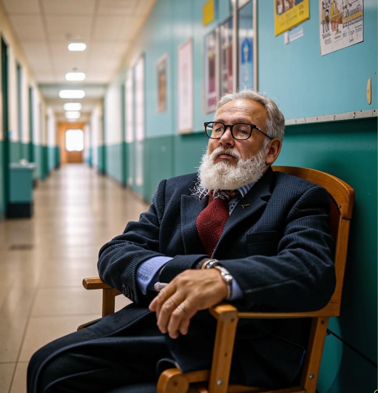 ИИ - "пожилой учитель в очках и с бородой спит  сидя  на стуле в пустом школьном коридоре в фас"