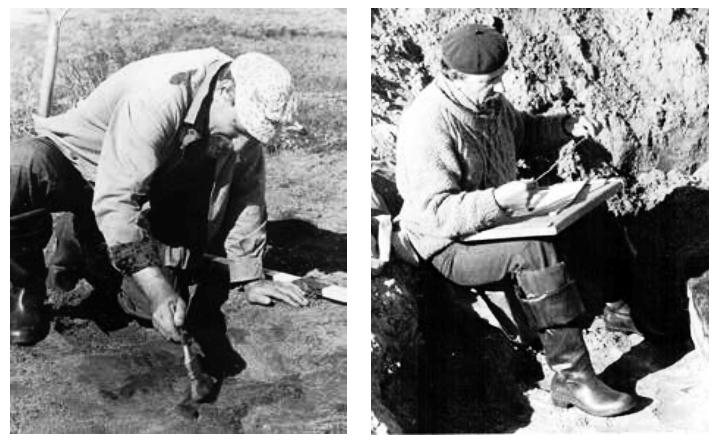 О.В. Овсянников на раскопках Ортинского городища: 1) -1990г., 2)-1991г. /Брызгалов В.В. Работы Археологической экспедиции Ленинградского отделения Института археологии Академии наук СССР под руководством О.В. Овсянникова на территории Архангельской области в 1970–1995 гг.//Археология в музейных коллекциях : сборник материалов Всероссийской научнопрактической конференции ... «Археология в музейных коллекциях», - Архангельск, 2019