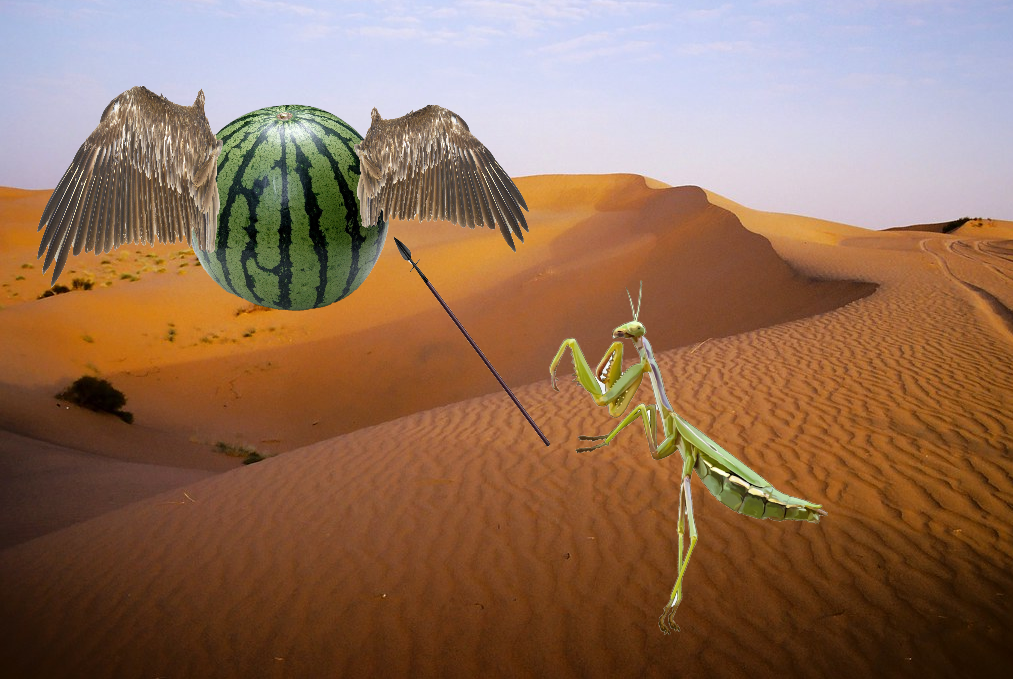 Добрыня Богомолыч кидает копьё в Арбузную Птицу. Фото в цвете.