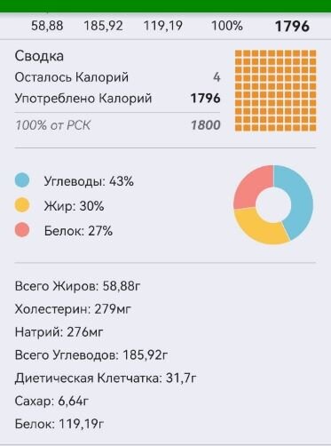 Пример расклада по макронутриентам для одного дня