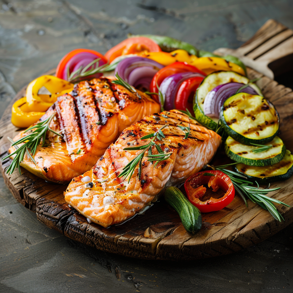 Лосось с овощами на гриле