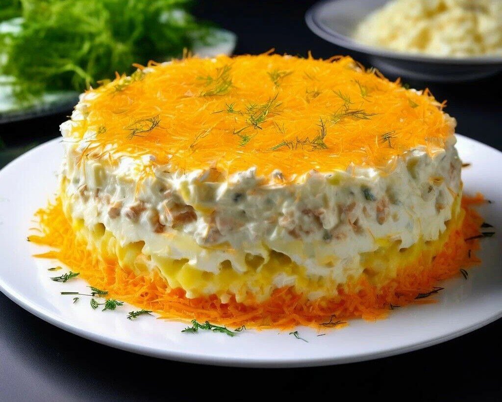 Вкусный салат «Мимоза» с рыбными консервами и сыром