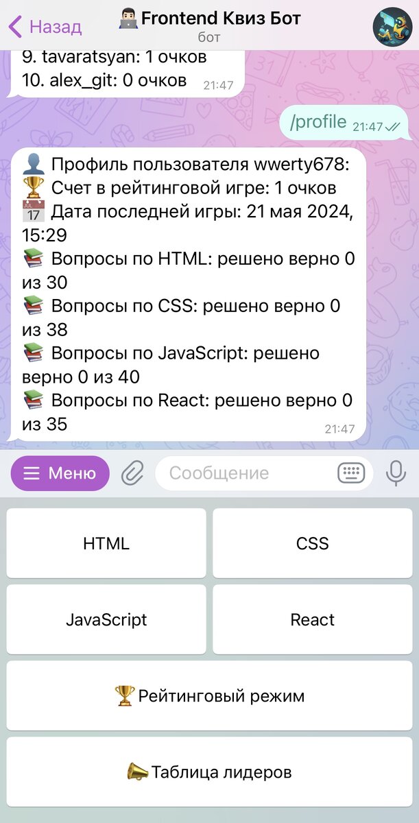    Личный профиль каждого пользователя