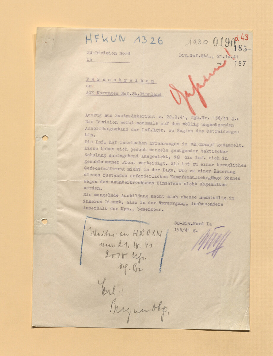 Основное: Дивизия уже докладывала о полностью неудовлетворительном состоянии боевой подготовки пехотных полков к началу Восточной кампании. К настоящему времени полки уже получили опыт ведения боевых действий в лесных условиях. Но пехота обороняется на сплошном фронте и в связи с недостатком тактической подготовки неспособна вести манёвренные бои. Для изменения такого состояния необходима боевая подготовка, которую было невозможно провести, так как дивизия постоянно находится на передовой.