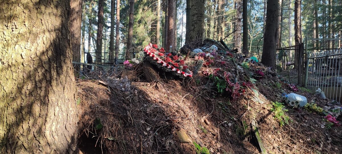Созданная посетителями кладбища свалка из искусственных цветов. Между участками. Ленинградская область, Всеволожский район.