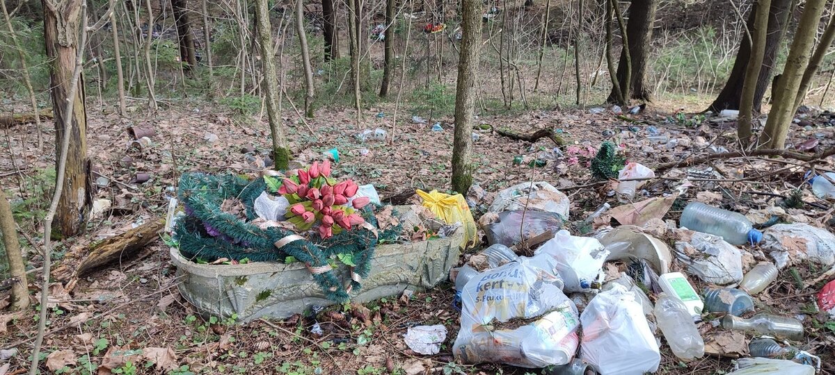 Пакеты с листвой и искусственными цветами, убранными с могил. Бутылки, в которых была вода для мытья памятников. Ленинградская область, Всеволожский район.