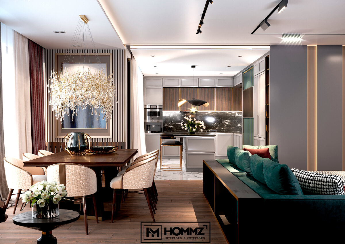 Кухня-гостиная с зонированием на "мягкую" зону, столовую и зону приготовления 