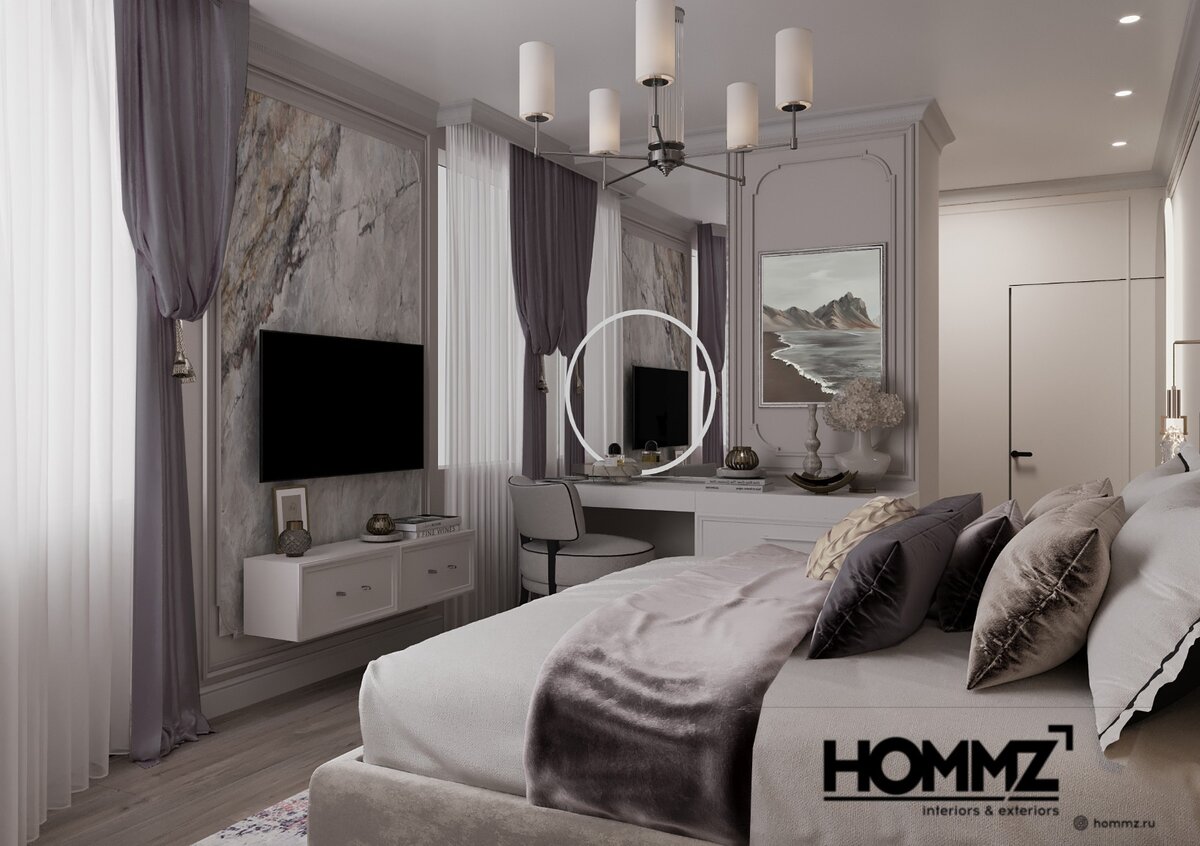 В качестве перегородки здесь выступает шкаф.  С одной стороны - это гардеробная система, а в зоне спальни пространство использовано для обустройства туалетного столика.