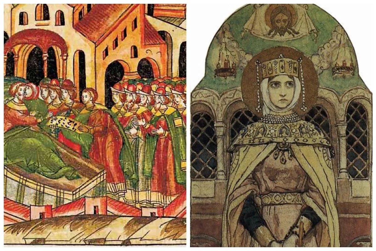    Святая преподобная Евфросиния Московская. 1. Св. Дмитрий Донской целует жену св. Евфросинию Московскую перед смертью. Миниатюра из Лицевого летописного свода. XVI век. 2. Св. княгиня Евдокия Московская. Эскиз русского художника В. Васнецова для фресок Владимирского собора в Киеве, Российская Империя.