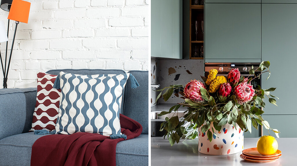 Красивый интерьер всегда вызывает приятные ощущения, а с помощью дофаминового декора эффект можно усилить. На фото: декоративные чехлы для подушек Traffic бренда TKANO и фарфоровая ваза от мастерской Ceramum.