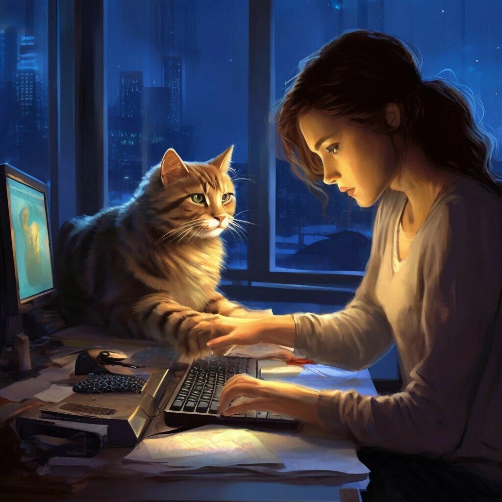 Поздним вечером мы с котом работаем.