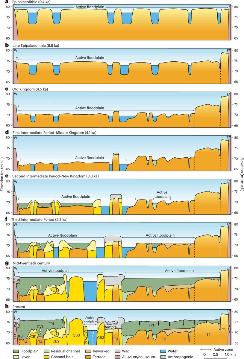    Схематическая реконструкция голоценовой эволюции реки Нил в районе Луксора, Египет. (a-d) В течение раннего и среднего голоцена. (e-g) Начиная с Нового царства. (h) До недавнего времени реке Нил удавалось постепенно наращивать и расширять свою пойму, в конечном итоге охватывая почти всю ее долину / © Nature Geoscience, Jan Peeters et al.