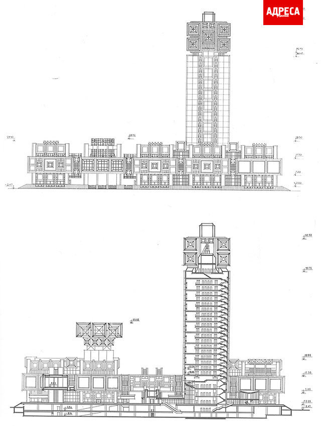 Фасад и разрез из рабочей проектной документации здания Российской академии наук. Чертежи предоставлены Александром Змеулом