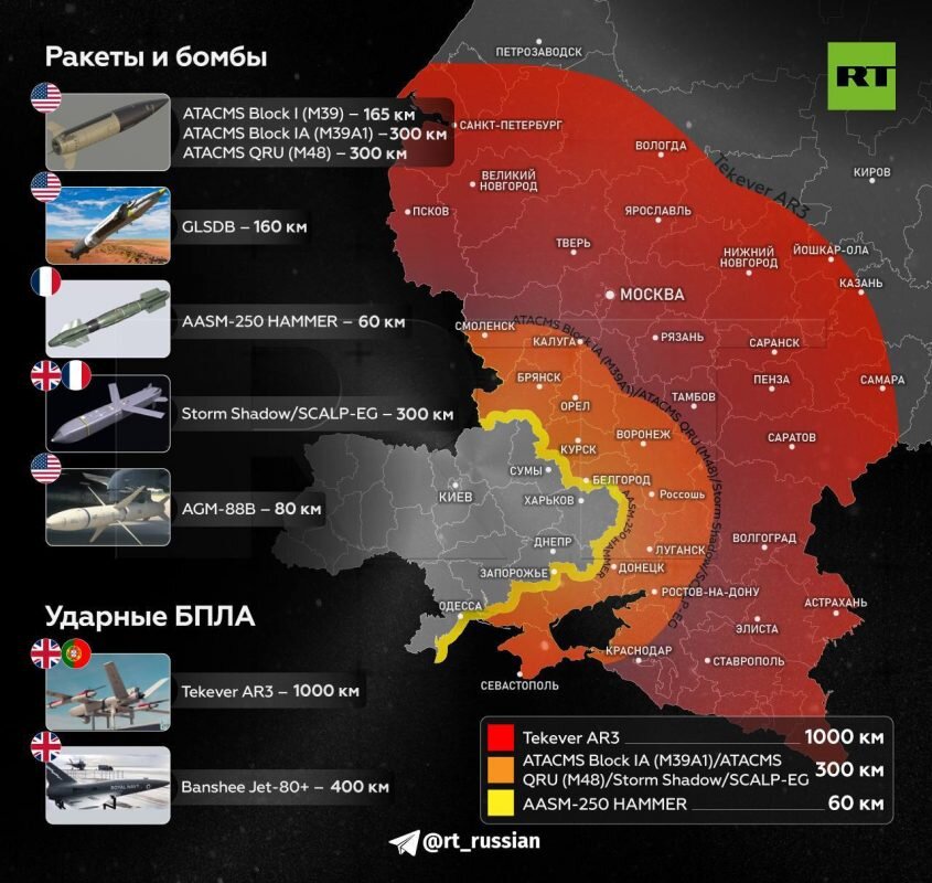    Инфографика от RT: куда достанут западные ракеты, беспилотники и планирующие бомбы.