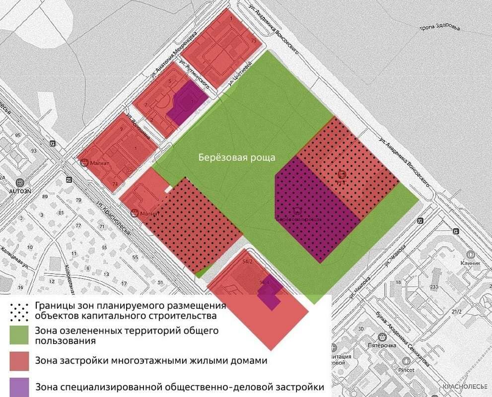 Схема застройки березовой рощи в Академическом районе Екатеринбурга