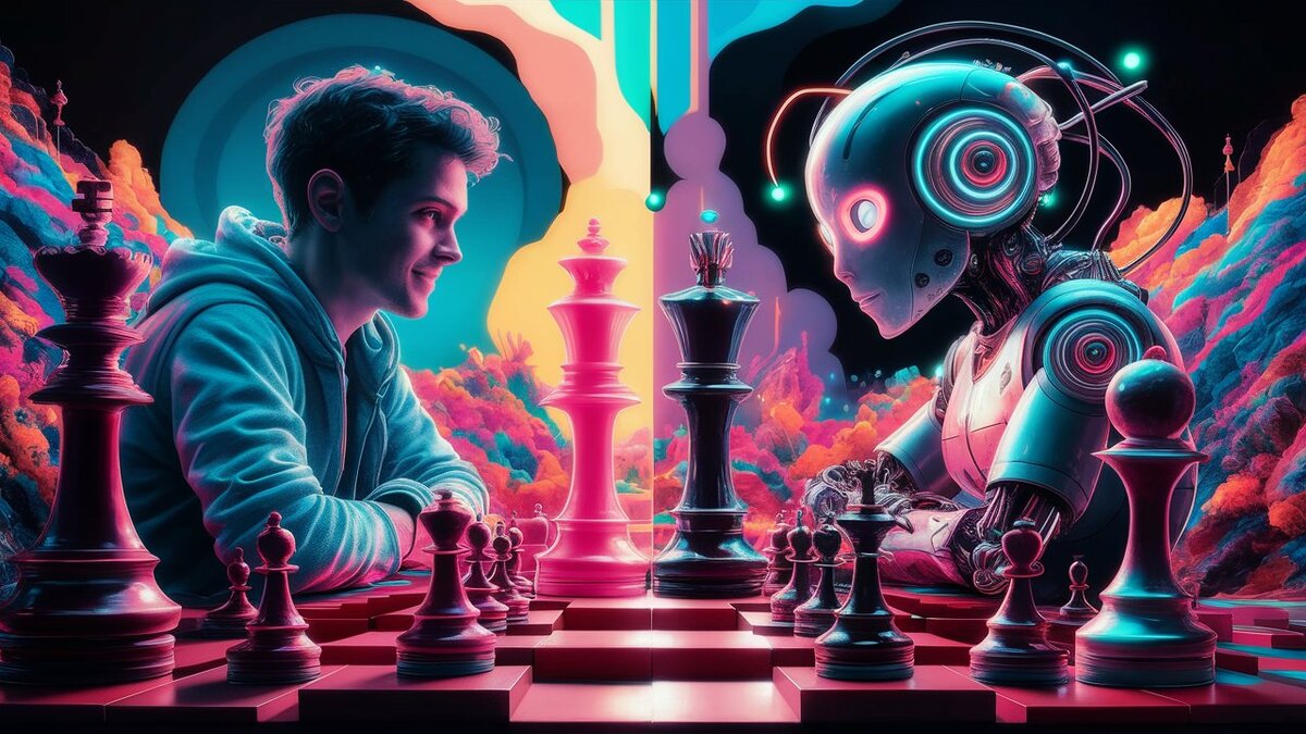 Prompt: human and AI play chess, illustration, vibrant; generated by Ideogram
