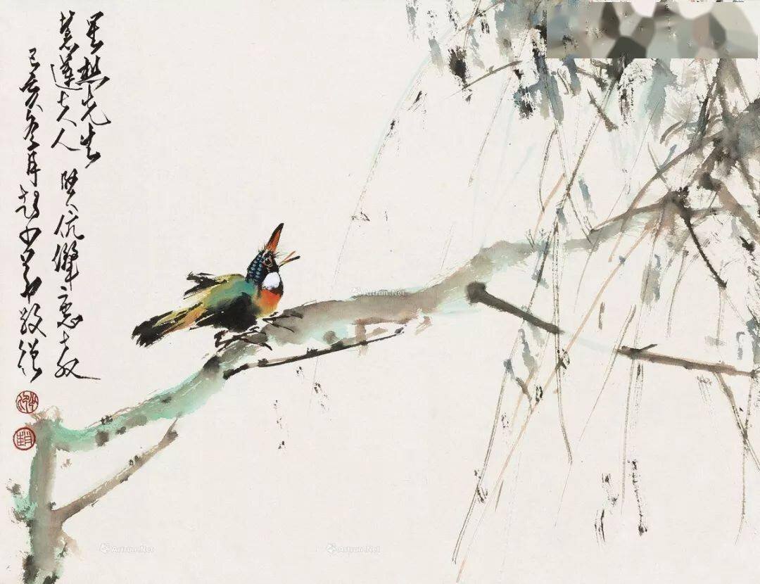 Певчая птица на ветке ивы (柳枝鸣禽), 1959, бумага, тушь, акварель, 47х61 см