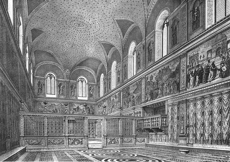Интерьер Сикстинской капеллы около 1481 года. Реконструкция. Гравюра XIX века